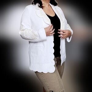 Joie Anthropologie Linen/Viscose White Scalloped Embroidered Women Jacket Large
